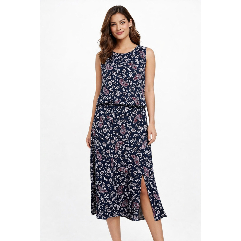 New Frontier Women's Navy Paisley Tank and Midi Skirt Set Size Large